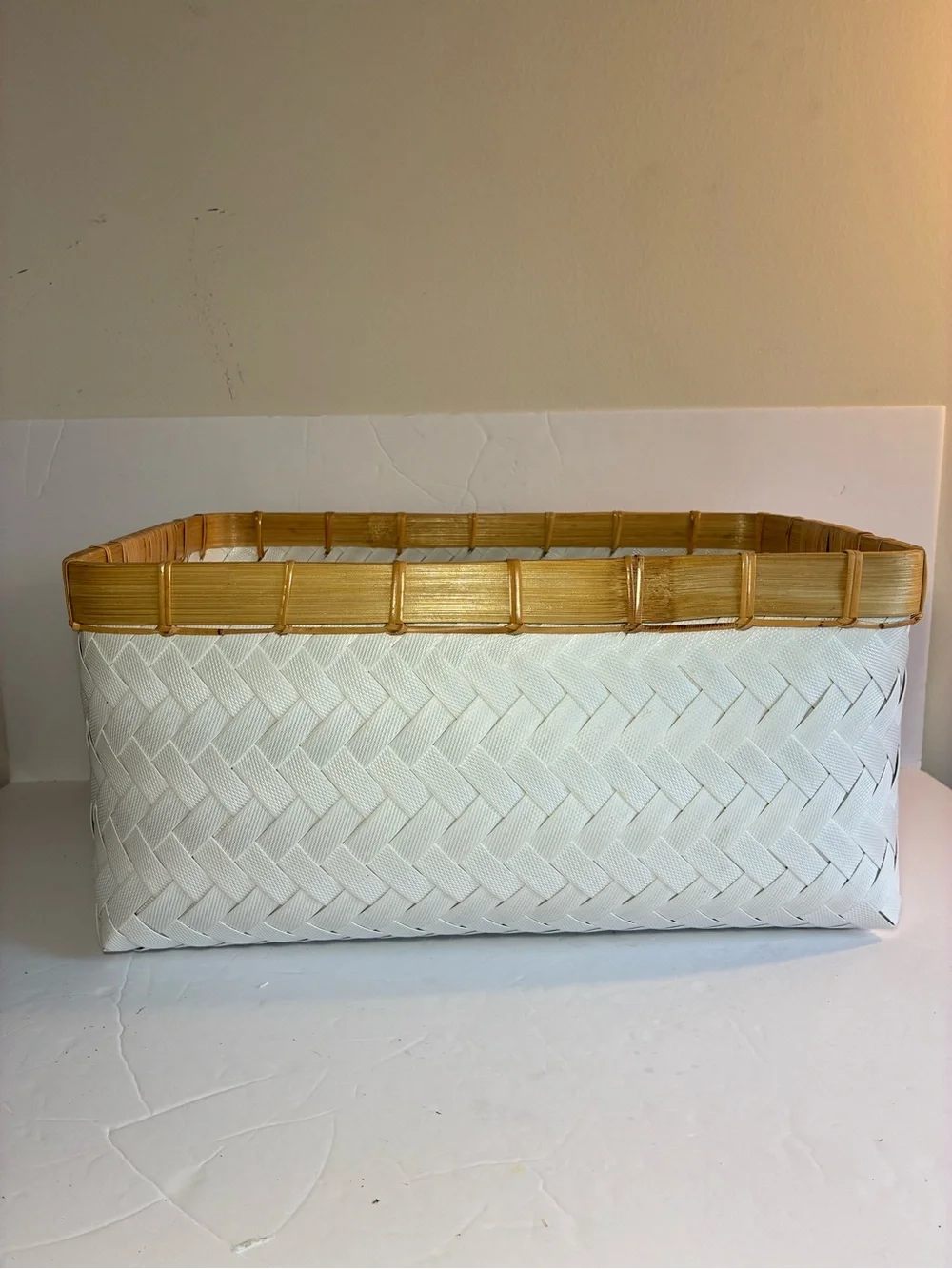 White Woven Plastic Basket with Bamboo Trim